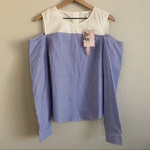 Avec Les Filles Blue & White Cold Shoulder Blouse